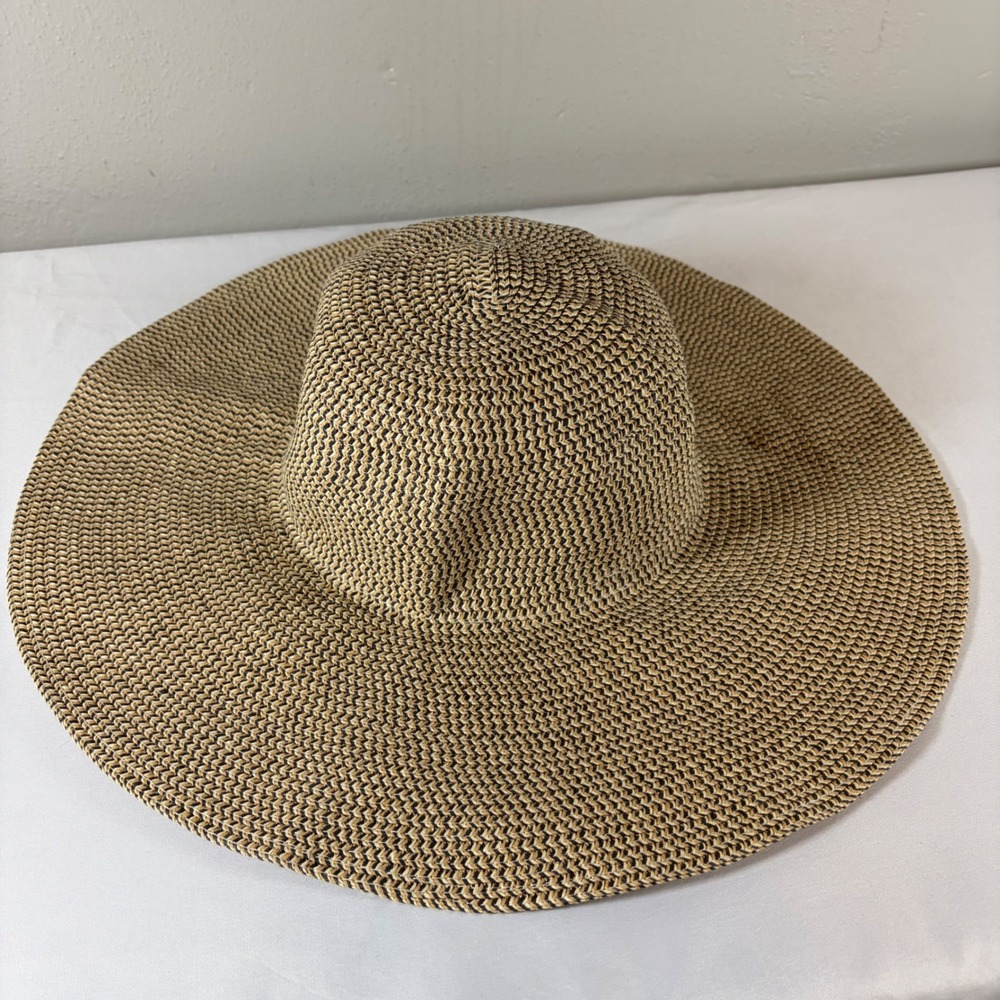 Woven Floppy Sun Hat Wide Brim Tan Black Straw Style Beach Accessory